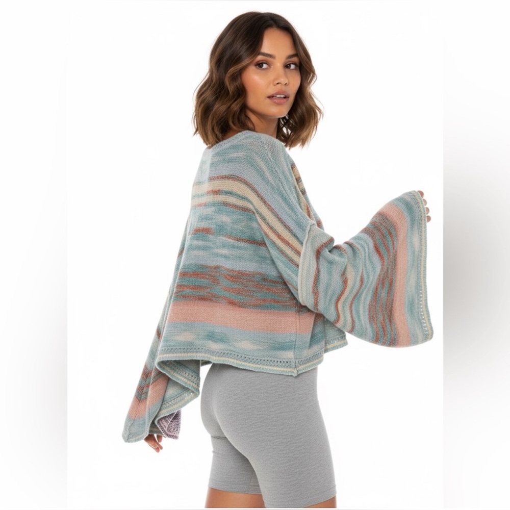 Free People Saturn Pastel Striped Knit Poncho Shrug Sweater S M L